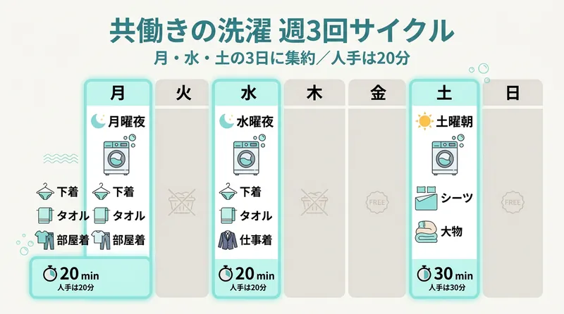 共働きの洗濯 週3回サイクル:月曜夜・水曜夜・土曜朝の集約スケジュール