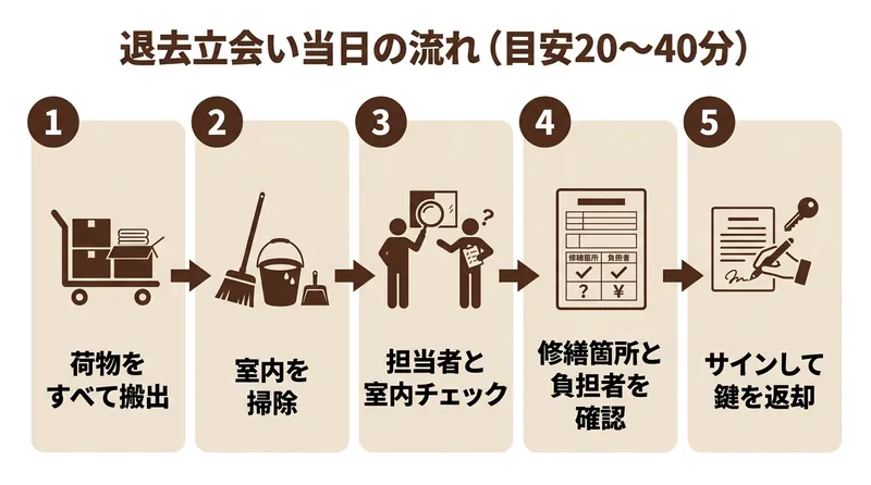 退去立会い当日の流れ5ステップ:荷物搬出→掃除→室内チェック→精算内容の確認→サインと鍵の返却