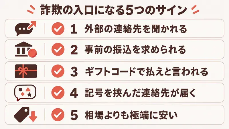 ジモティーで詐欺の入口になる5つの危険サインを整理したイラスト