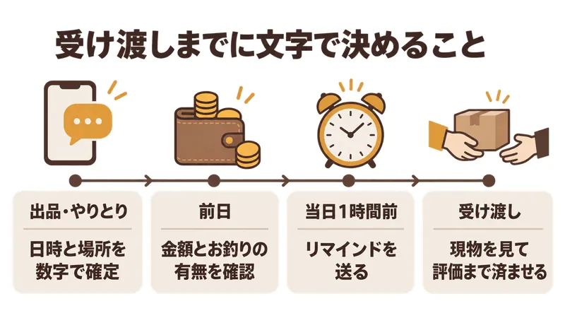 ジモティーの受け渡し当日までに文字で決めておく項目を並べたイラスト