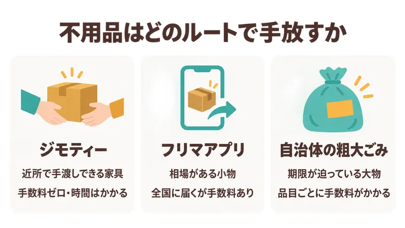不用品をジモティー・フリマアプリ・自治体の粗大ごみのどのルートで手放すか振り分けた比較イラスト