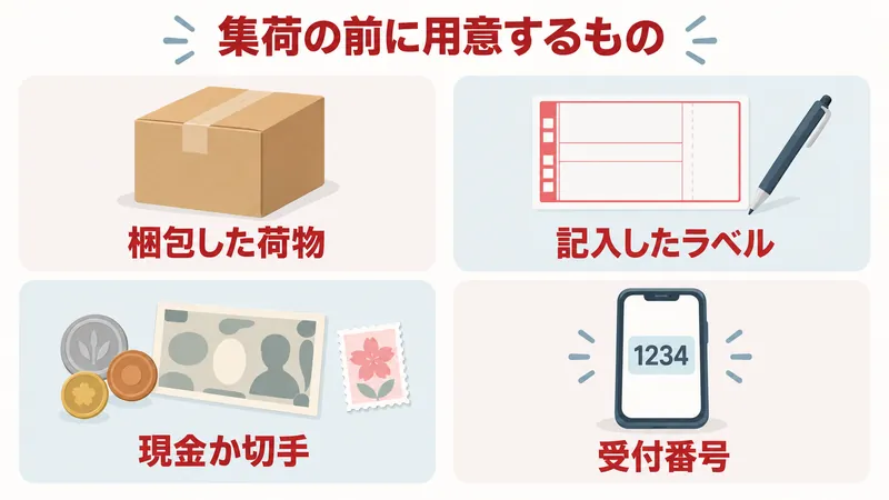 集荷の前に用意するもの:梱包した荷物、記入したラベル、現金か切手、受付番号の4つ