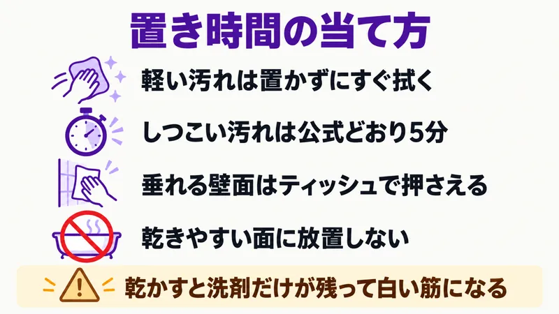 ウタマロクリーナーの置き時間の当て方。軽い汚れは吹いてすぐ拭く、しつこい汚れは公式どおり5分、垂れる壁面はティッシュを貼って押さえる、乾きやすい面は放置しない