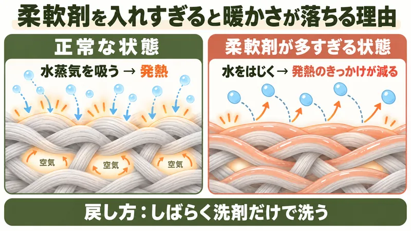 ヒートテックの吸湿発熱と柔軟剤の関係。体から出る水蒸気を繊維が吸着して発熱し、繊維間の空気の層が熱を逃がさない。柔軟剤が適量以上になると表面に膜ができ、水をはじいて発熱のきっかけが減る