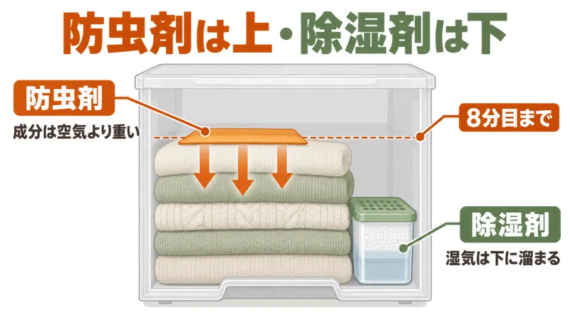 防虫剤と除湿剤の正しい置き方。防虫剤の有効成分は空気より重いため衣類の一番上に置き、上から下へ広がる。湿気は空気より重い水分なので下から溜まり、除湿剤は一番下か四隅に置く。収納は8分目まで