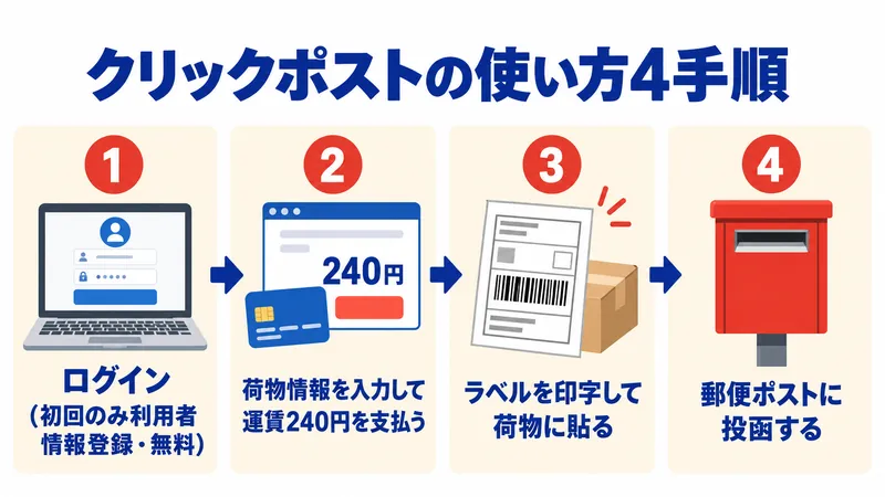 クリックポストの使い方4手順。1.専用サイトにYahoo! JAPAN IDまたはAmazonアカウントでログイン（初回のみ利用者情報登録・無料）、2.荷物情報を入力しYahoo!ウォレットかAmazon Payで運賃240円を支払う、3.ラベルを印字して荷物に貼る、4.郵便ポストに投函する