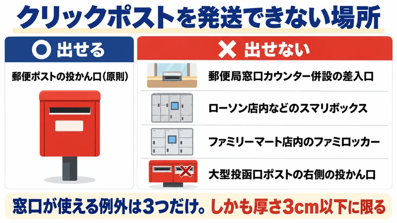 クリックポストを発送できない場所。郵便局窓口カウンター併設の差入口、ローソン店内などに設置のスマリボックス、ファミリーマート店内のファミロッカー、厚さ7cm以内が投かん可能な大型投函口ポストの正面に向かって右側の投かん口。原則は郵便ポストへの投函で、窓口が使える例外は3つのみ