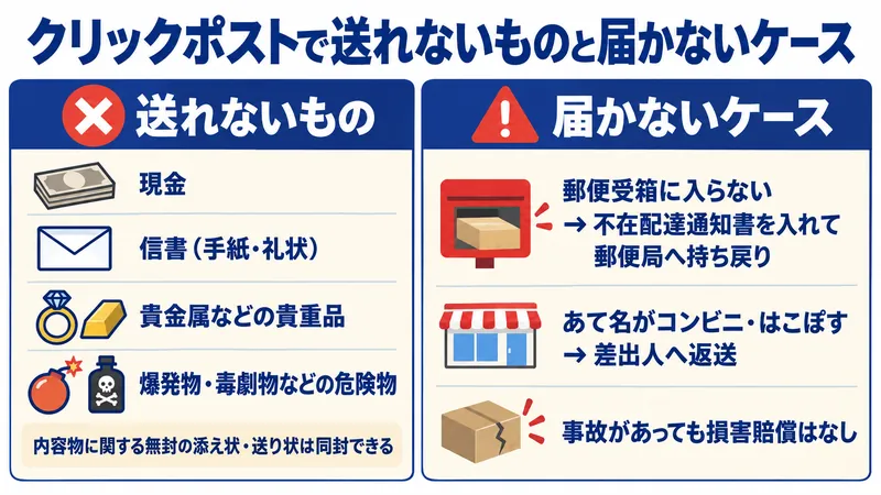 クリックポストで送れないものと届かないケース。現金・信書・貴金属などの貴重品・爆発物や毒劇物などの危険物は不可、内容物に関する無封の添え状と送り状は可、事故時の損害賠償はなし、速達などのオプションは付けられない、配達は届け先の郵便受箱へ、入らない場合は不在配達通知書を入れて郵便局へ持ち戻り、コンビニとはこぽすでは受け取れず差出人へ返送