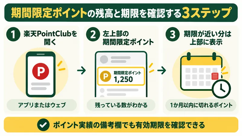 楽天PointClubで期間限定ポイントの残高と有効期限を確認する手順を示した図。PointClubを開き、左上部の期間限定ポイントで残高を見て、1か月以内に期限が切れる分はポイント詳細の上部に表示され、ポイント実績の備考欄でも期限を確認できる