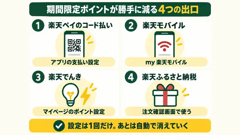 期間限定ポイントが減る4つの出口と設定場所を示した図。楽天ペイはアプリの支払い設定、楽天モバイルはmy 楽天モバイル、楽天でんきはマイページのポイント設定、楽天ふるさと納税は注文確認画面でポイントを使う