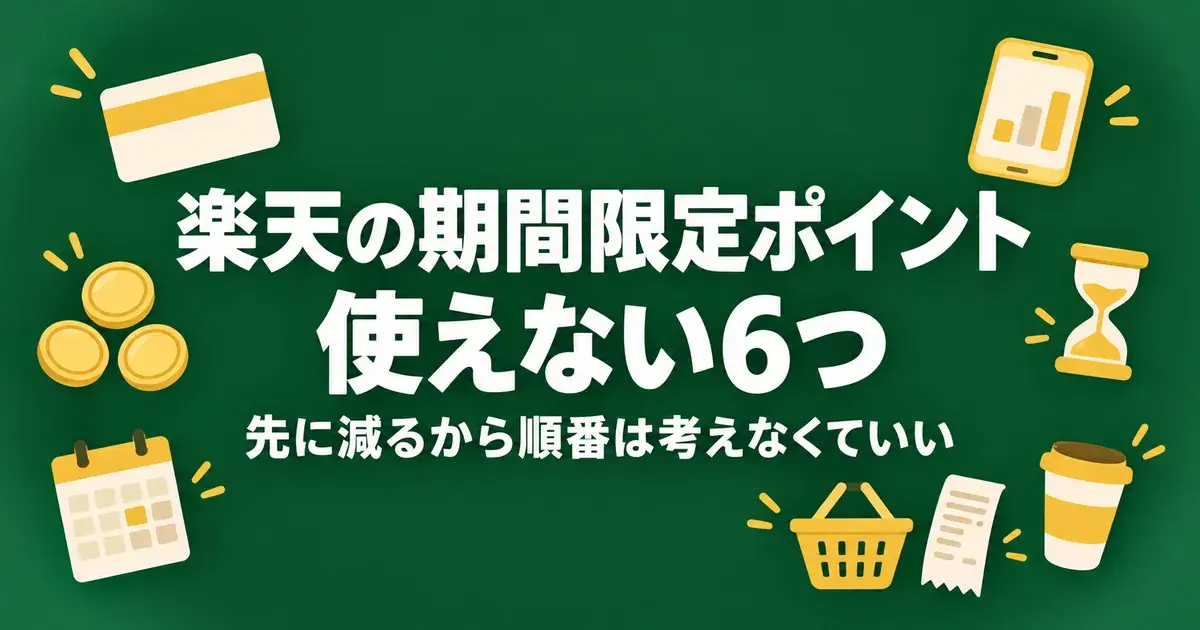楽天の期間限定ポイントの使い方と、使えない6つの支払い先を示したアイキャッチ画像