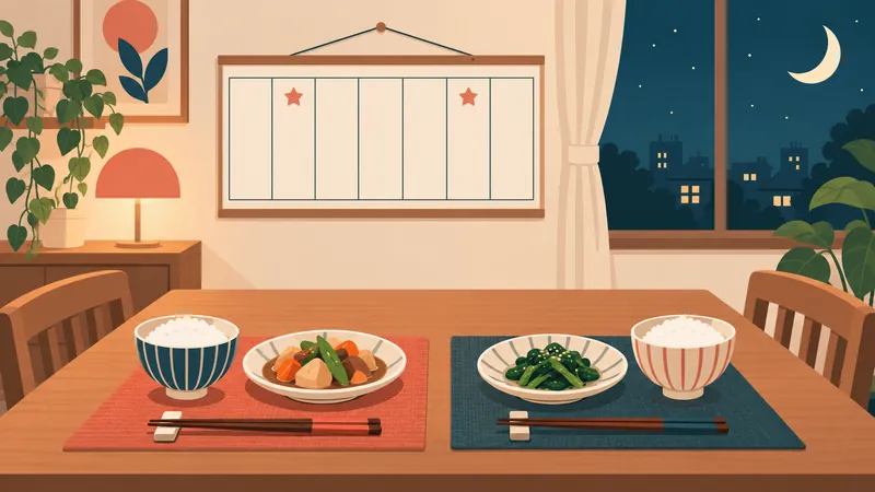 夜の食卓に2人分のおかずとご飯が並び、壁の週間カレンダーの2日分に星印が付いているイラスト