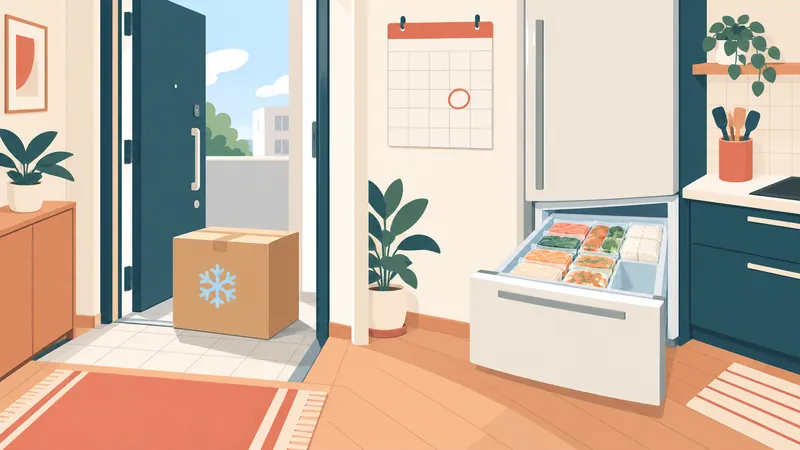 玄関に届いた雪の結晶マーク付きの無地の段ボールと、冷凍ご飯や平たい冷凍パックでほぼ埋まった冷凍庫の引き出しのイラスト