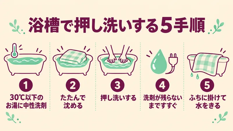 浴槽で電気毛布を押し洗いする5手順 30℃以下のお湯に中性洗剤 たたんで沈める 押し洗い すすぐ ふちに掛けて水をきる
