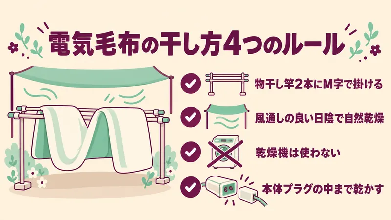 電気毛布の干し方4つのルール 物干し竿2本にM字 日陰で自然乾燥 乾燥機は使わない 本体プラグの中まで乾かす
