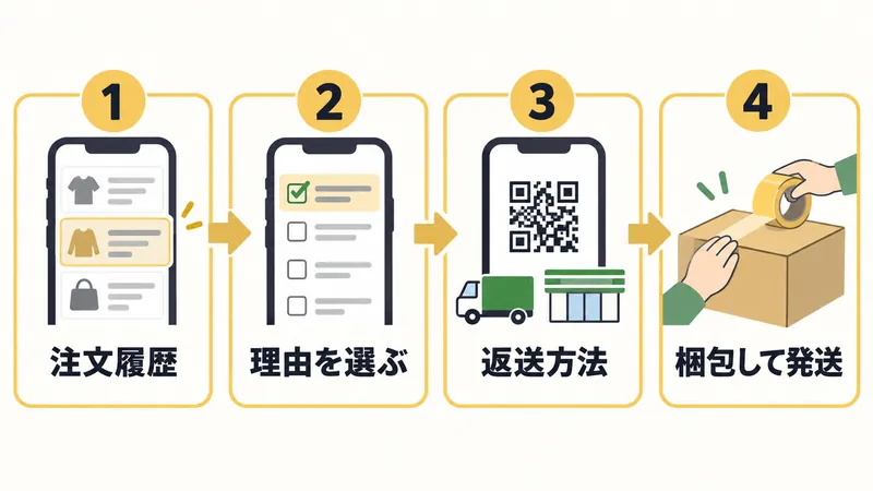 Amazon返品の4ステップ：注文履歴で商品を選ぶ、理由を選ぶ、返送方法を選ぶ、梱包して発送する流れ
