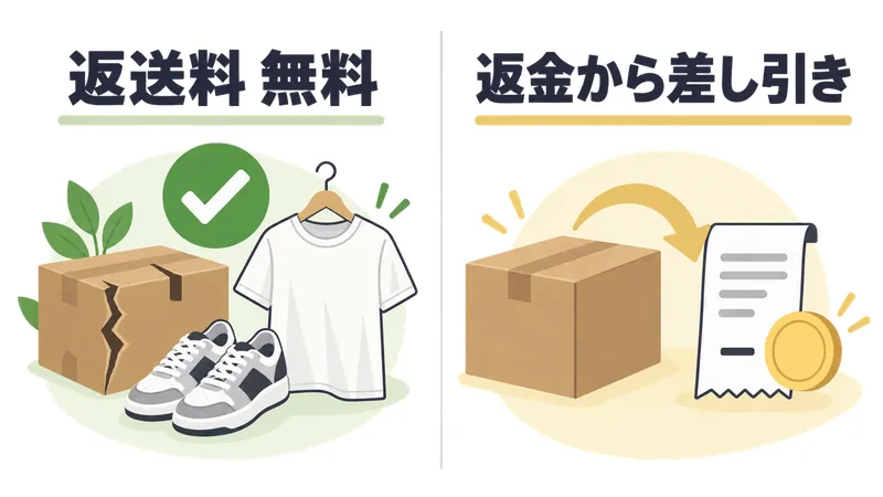 Amazon返品の返送料：不良品や服・靴は無料、お客様都合は返金額から差し引かれることを示すイラスト