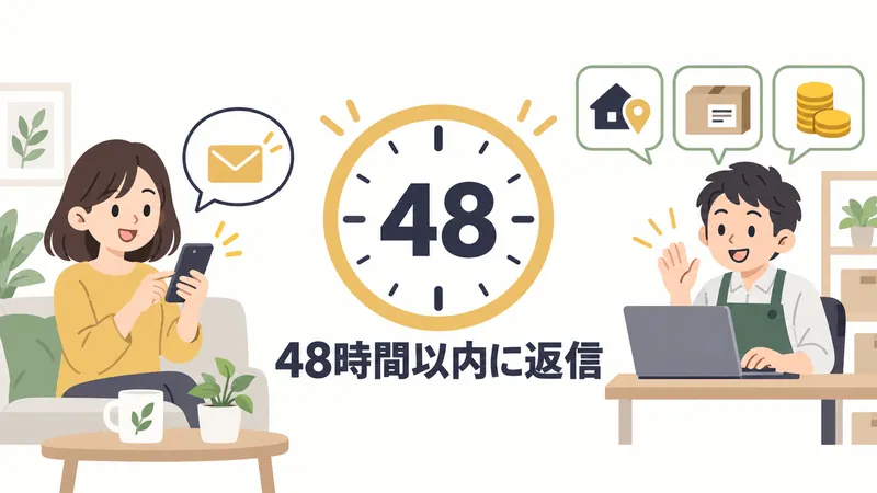 出品者発送の商品の返品：返品リクエストを送り、48時間以内に出品者から返送先や返金の案内が届く流れ