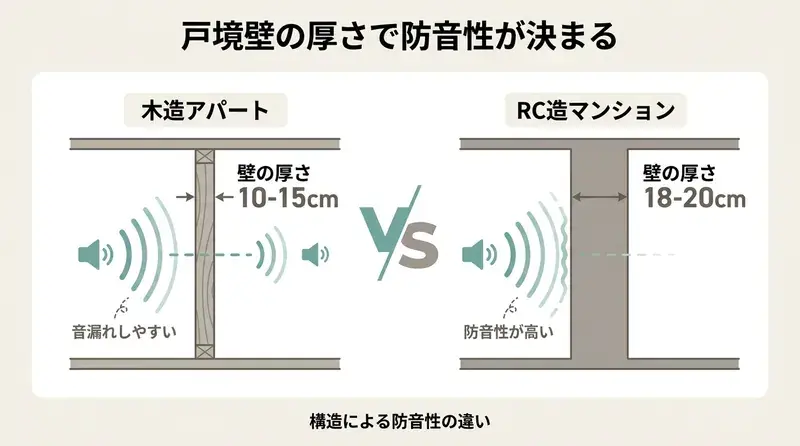 木造アパートとRC造マンションの戸境壁の厚さと防音性の比較インフォグラフィック