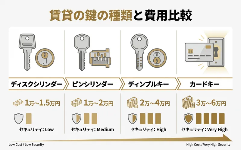 賃貸の鍵の種類と費用を比較したインフォグラフィック