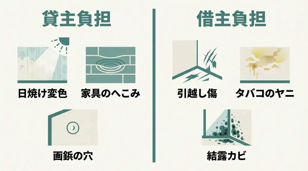 貸主負担と借主負担の6項目比較｜原状回復ガイドラインの区分
