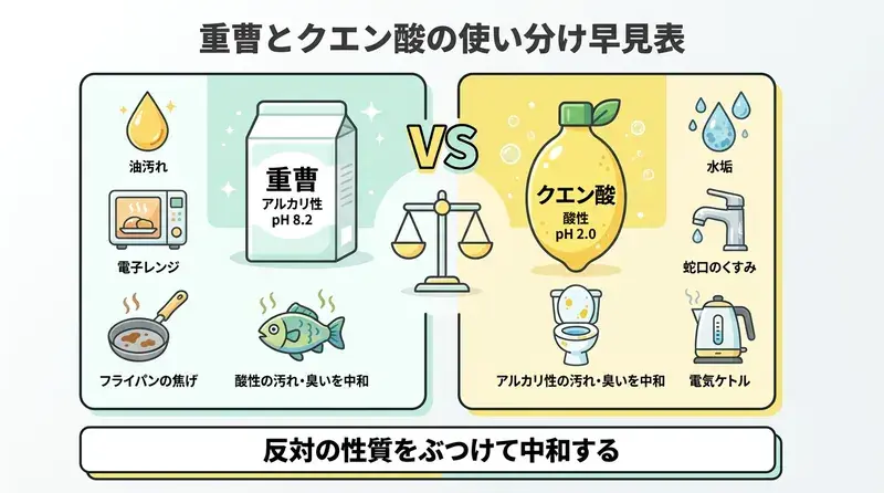 重曹とクエン酸の使い分け早見表のイメージ。酸性とアルカリ性の対比