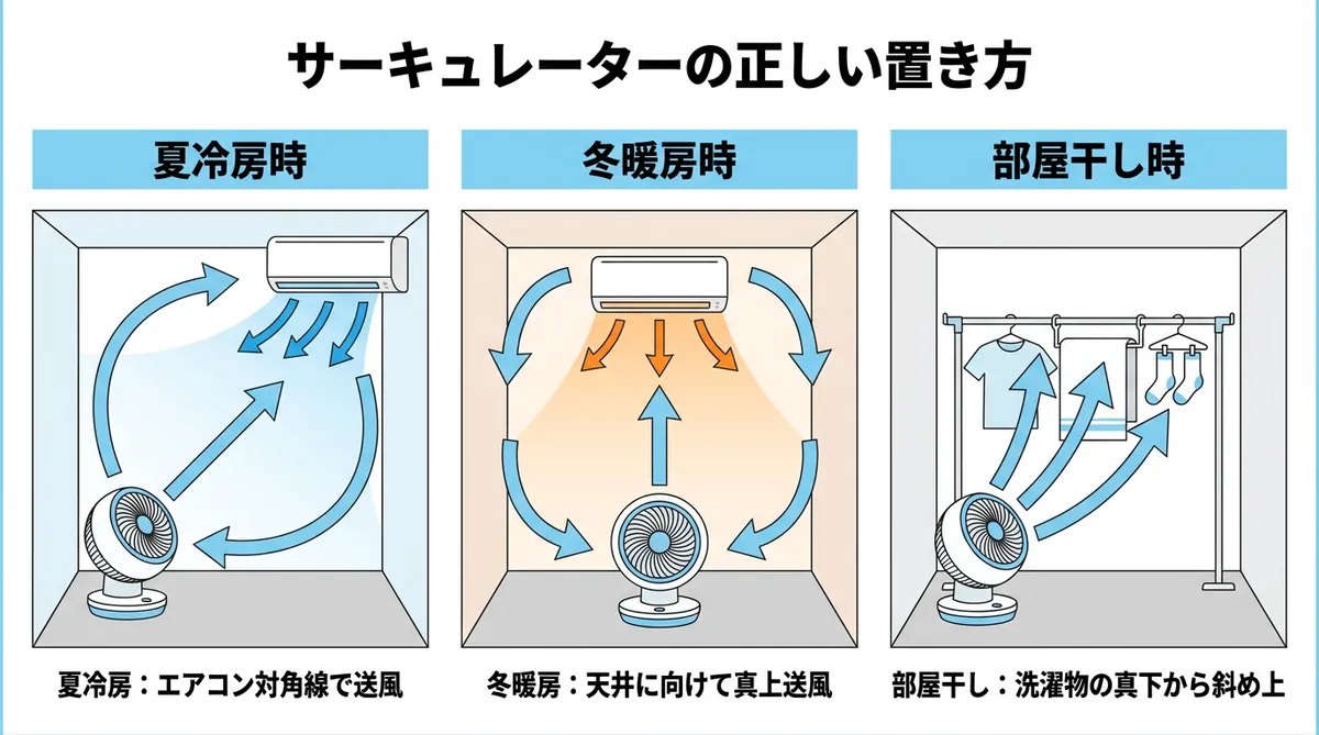 エアコン冷房・暖房・部屋干し時のサーキュレーターの置き方を示した断面図