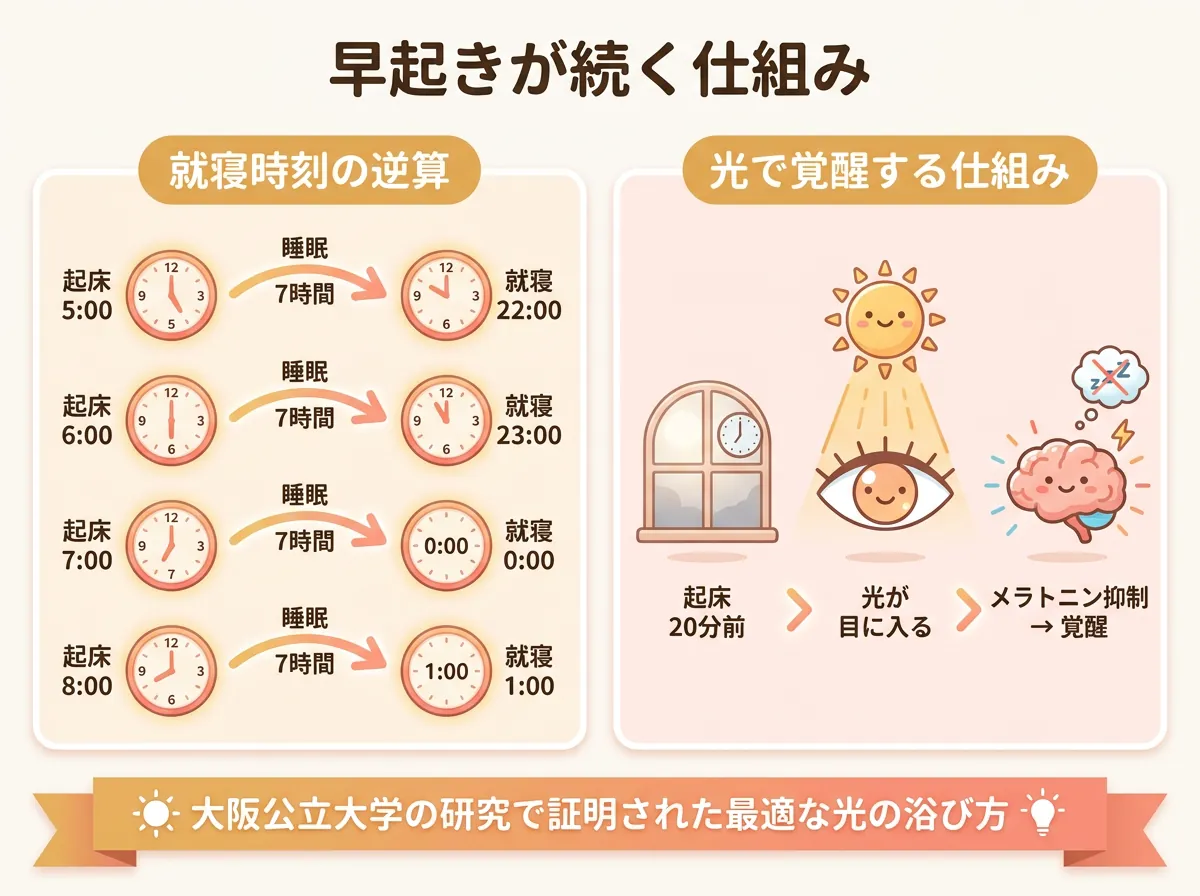 早起きが続く仕組み｜就寝時刻の逆算と起床20分前の光による覚醒サイクル