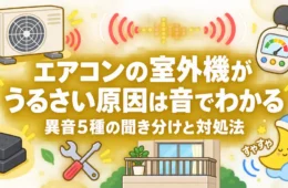 エアコンの室外機がうるさい原因は音でわかる｜異音5種の聞き分けと対処法のアイキャッチ画像