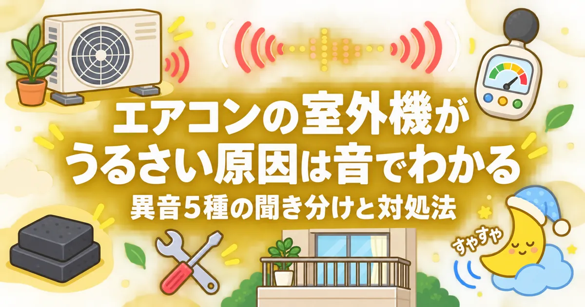 エアコンの室外機がうるさい原因は音でわかる｜異音5種の聞き分けと対処法のアイキャッチ画像
