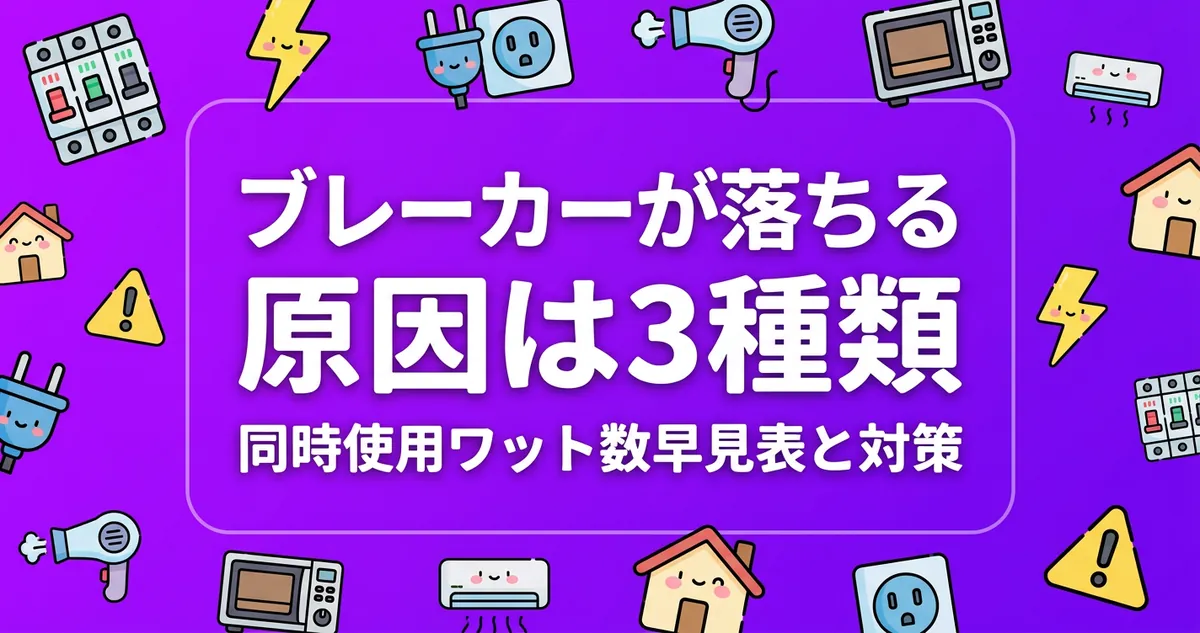 ブレーカーが落ちる原因3種類と同時使用ワット数早見表のアイキャッチ
