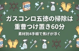 ガスコンロ五徳の掃除は重曹つけ置き60分｜素材別4手順で焦げが浮く