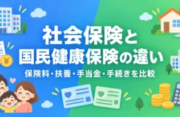 社会保険と国民健康保険の違いを保険料・扶養・手当金・手続きで比較することを示したアイキャッチ画像