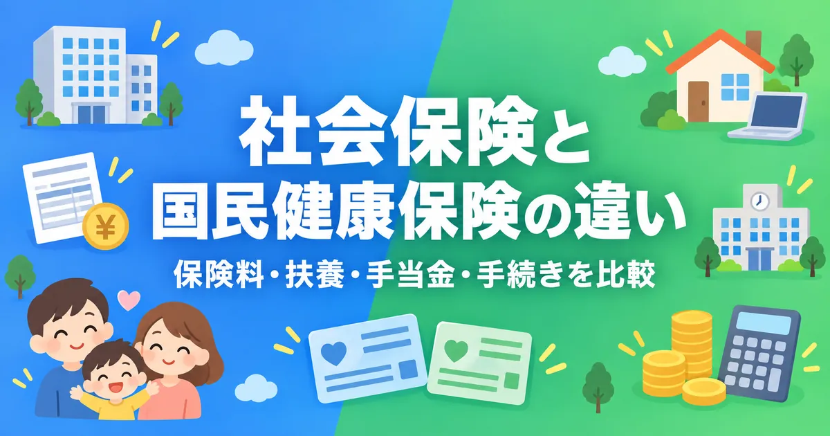 社会保険と国民健康保険の違いを保険料・扶養・手当金・手続きで比較することを示したアイキャッチ画像