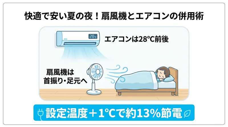 扇風機とエアコンの併用術 エアコンは28℃前後・扇風機は首振りで足元へ・設定温度プラス1℃で約13%節電