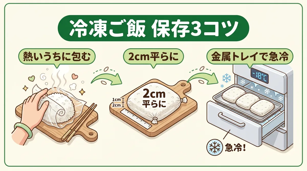 冷凍ご飯の保存3コツを示すインフォグラフィック:熱いうちにラップ・厚さ2cmに成形・金属トレイで急速冷凍
