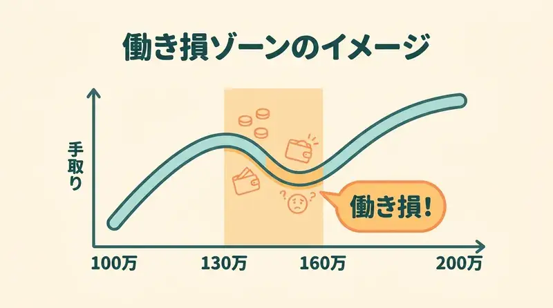 扶養の働き損ゾーン|年収130万〜160万円の間で手取りが凹むイメージグラフ