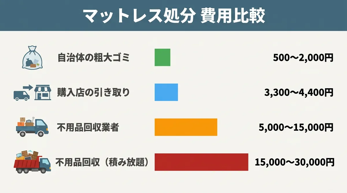 マットレス処分方法の費用比較インフォグラフィック(粗大ゴミ・購入店引き取り・不用品回収・自力解体を軸に整理)