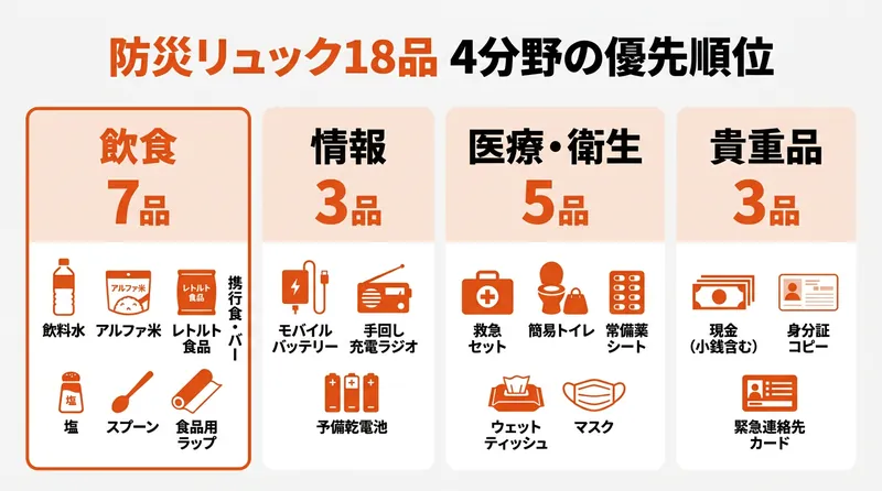 防災リュック18品を優先順位で4分野に整理した早見表（飲食7品・情報3品・医療衛生5品・貴重品3品）