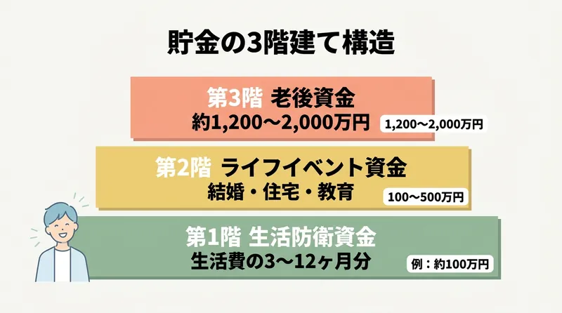 貯金の3階建て構造（生活防衛資金・ライフイベント資金・老後資金）の目安額イメージ