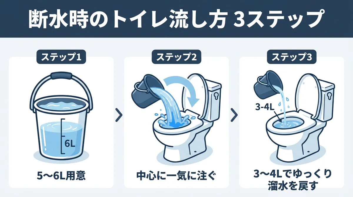 断水時のトイレ流し方をバケツ6Lの注水位置と角度で図解したインフォグラフィック