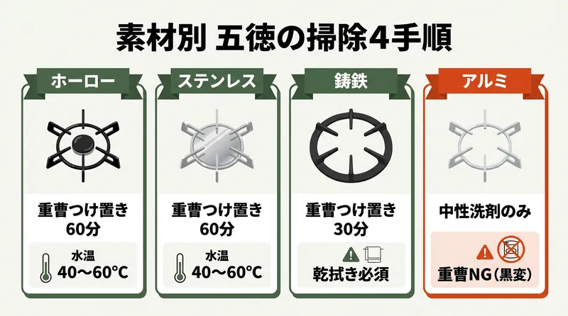 素材別 五徳の掃除4手順|ホーロー・ステンレス・鋳鉄は重曹つけ置き、アルミは中性洗剤のみ
