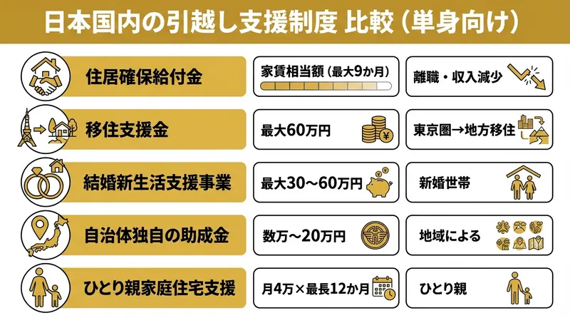 一人暮らし向け引っ越し補助金・支援制度の比較一覧
