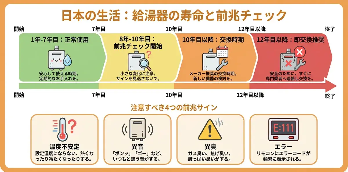 給湯器の寿命タイムラインと前兆サイン4種(温度不安定・異音・異臭・エラー)