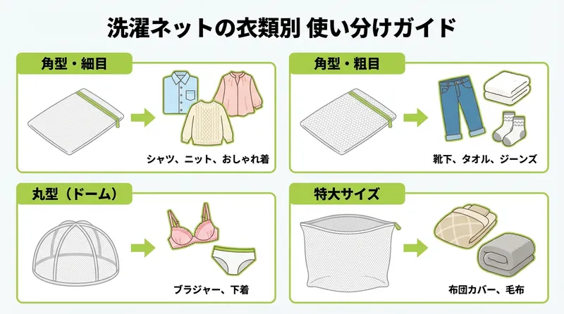 洗濯ネットの衣類別使い分けガイドのインフォグラフィック
