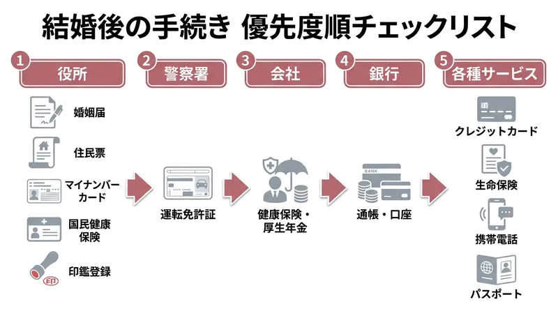 結婚後の女性の手続き全12項目チェックリスト 役所→警察署→会社→銀行の順番