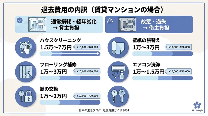 退去費用の内訳（ハウスクリーニング・壁紙・フローリング・エアコン・鍵交換の費用相場）