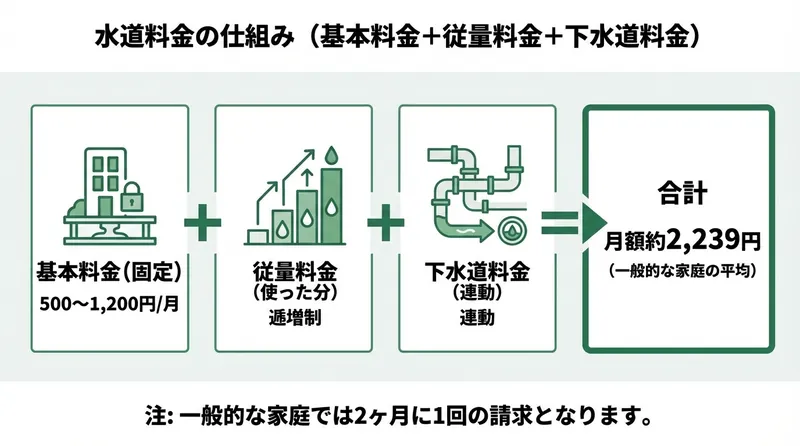 水道料金の仕組み 基本料金＋従量料金＋下水道料金の図解
