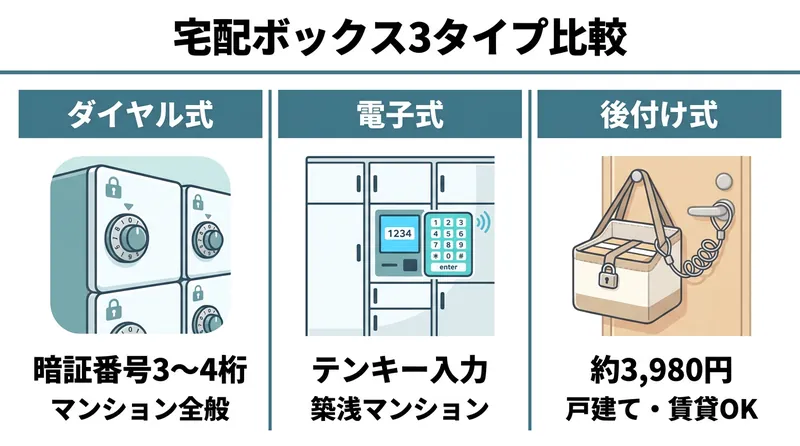 宅配ボックスの3タイプ比較（ダイヤル式・電子式・後付け式）