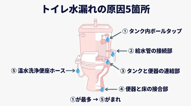 トイレ水漏れの原因5箇所をトイレ断面図で図解したインフォグラフィック